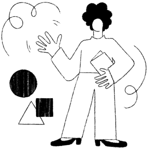 An illustration of a woman waving, holding a book, and some geometric shapes