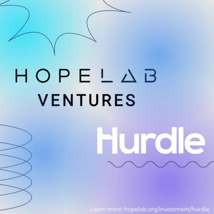 An image with a teal and purple gradient background and decorative shapes. "Hopelab Ventures: Hurdle"
