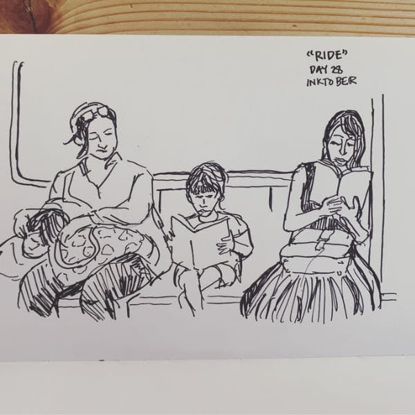 Illustrated people on a train